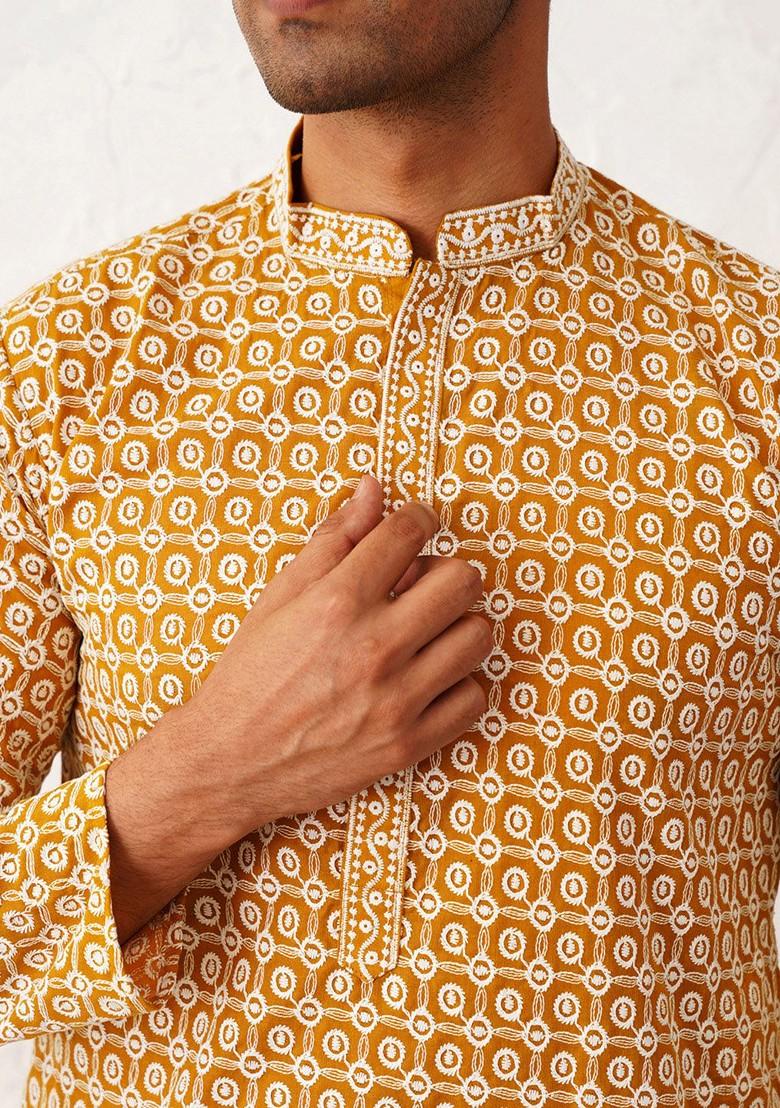 Mustard Yellow Embroidered Poly Blend Kurta For Men