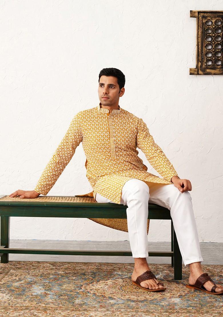 Mustard Yellow Embroidered Poly Blend Kurta For Men