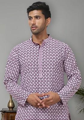 Purple Embroidered Poly Blend Kurta For Men