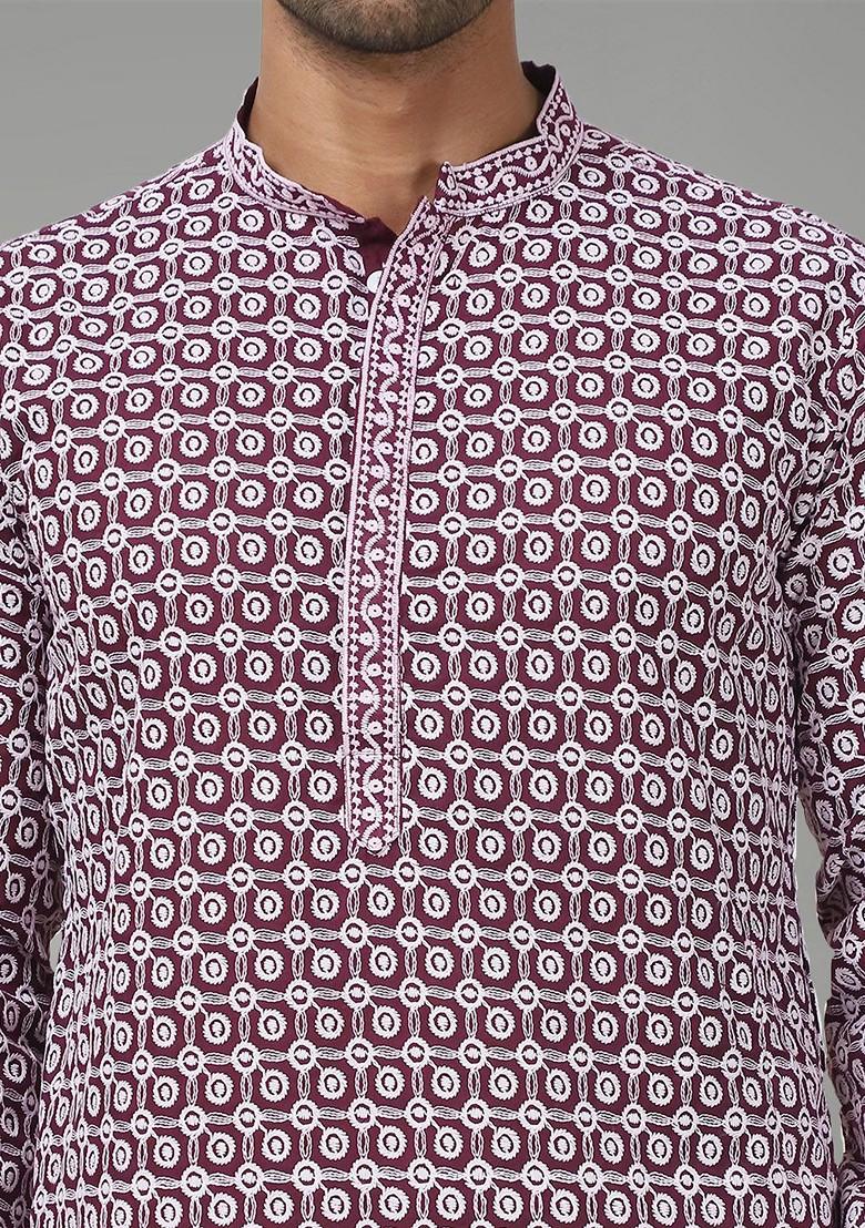Purple Embroidered Poly Blend Kurta For Men