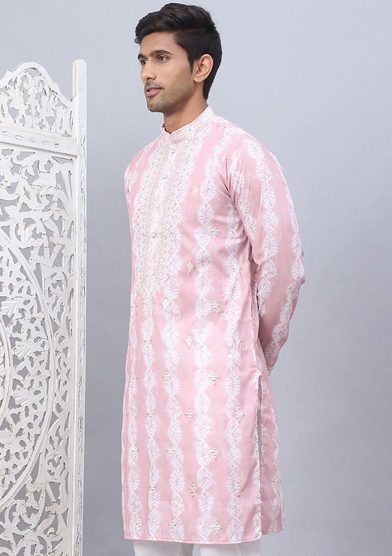 Pink Embroidered Poly Blend Kurta For Men