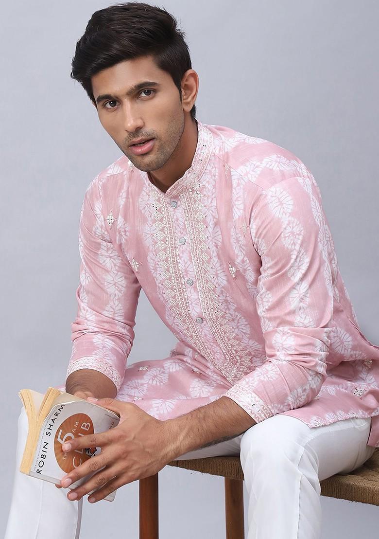Pink Embroidered Poly Blend Kurta For Men