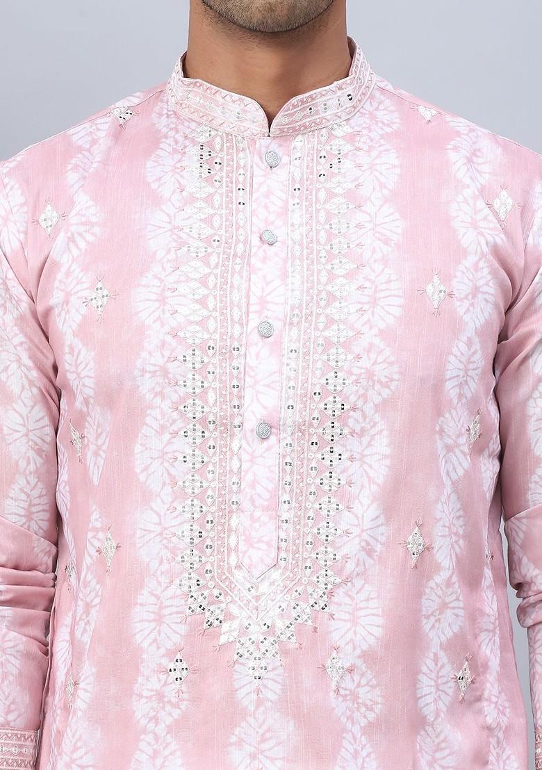 Pink Embroidered Poly Blend Kurta For Men
