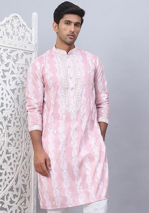 Pink Embroidered Poly Blend Kurta For Men