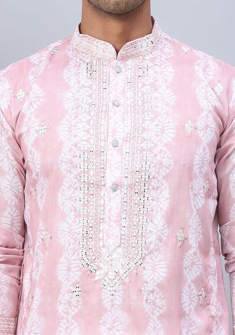 Pink Embroidered Poly Blend Kurta For Men