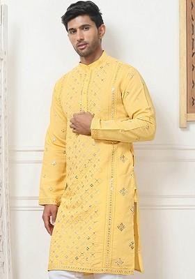 Mustard Yellow Embroidered Poly Blend Kurta For Men