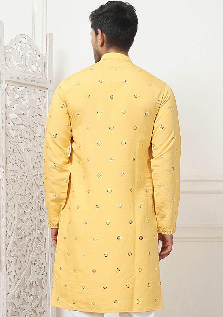 Mustard Yellow Embroidered Poly Blend Kurta For Men