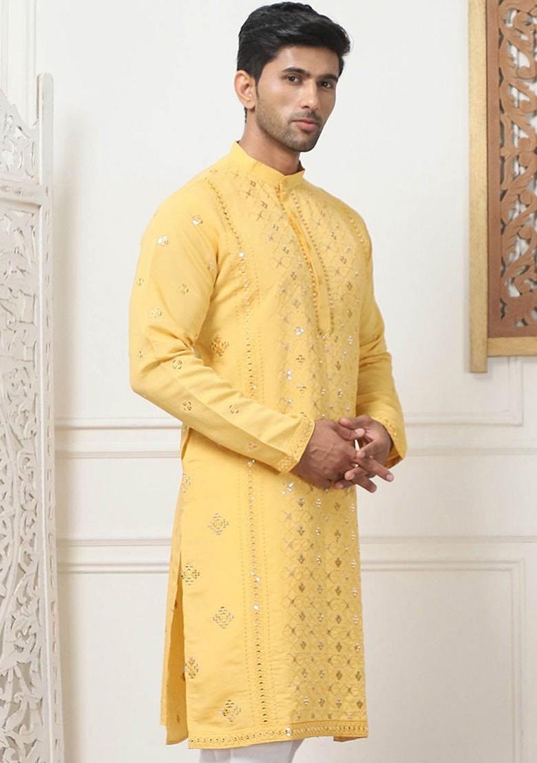 Mustard Yellow Embroidered Poly Blend Kurta For Men