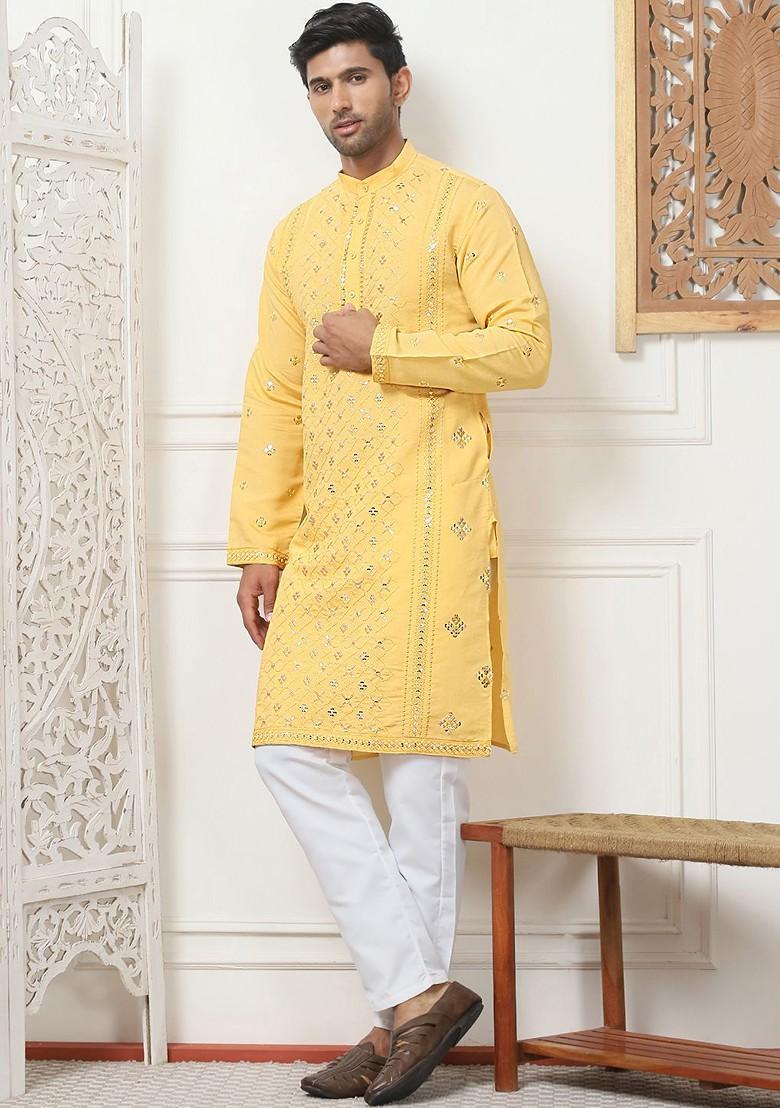 Mustard Yellow Embroidered Poly Blend Kurta For Men