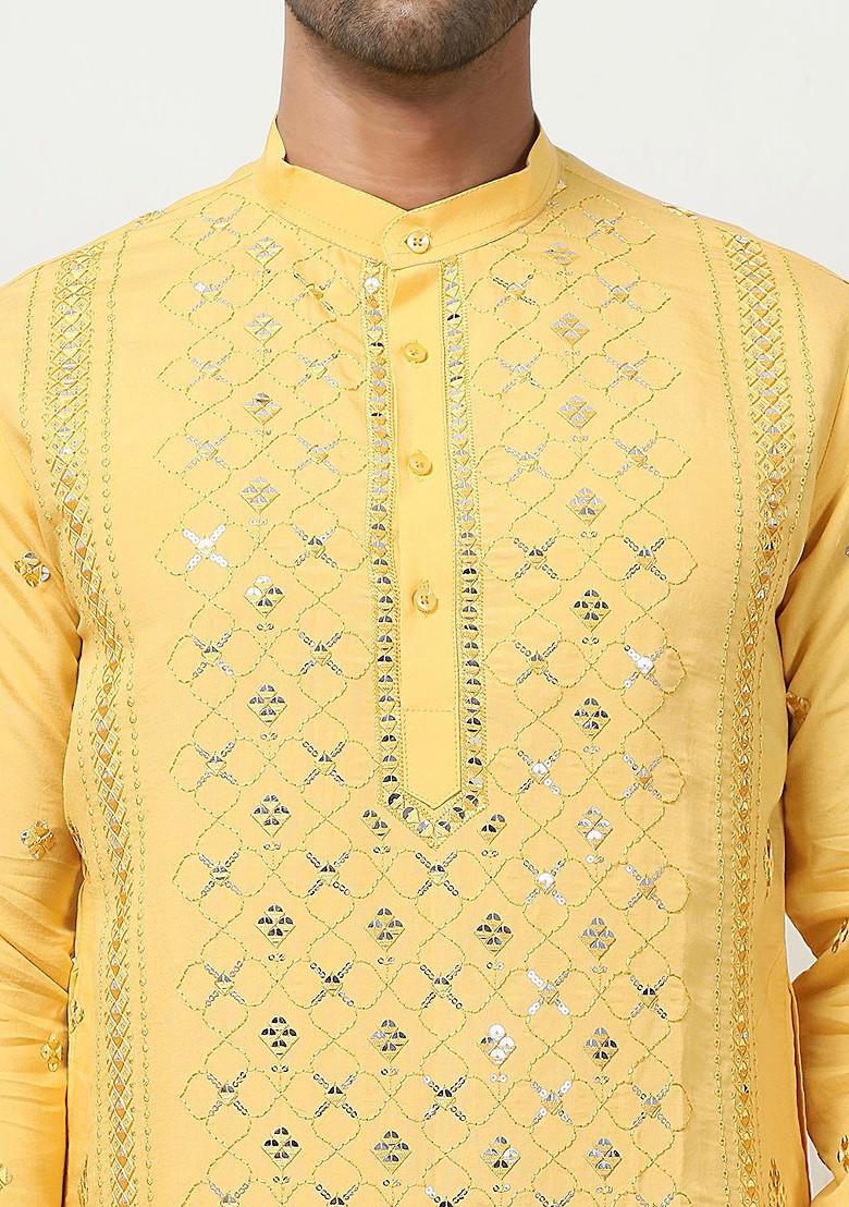 Mustard Yellow Embroidered Poly Blend Kurta For Men