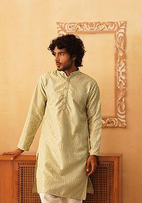 Green Embroidered Poly Blend Kurta For Men
