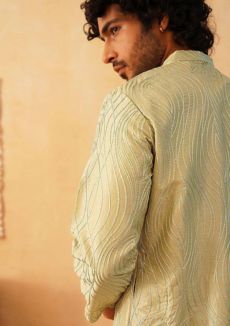 Green Embroidered Poly Blend Kurta For Men