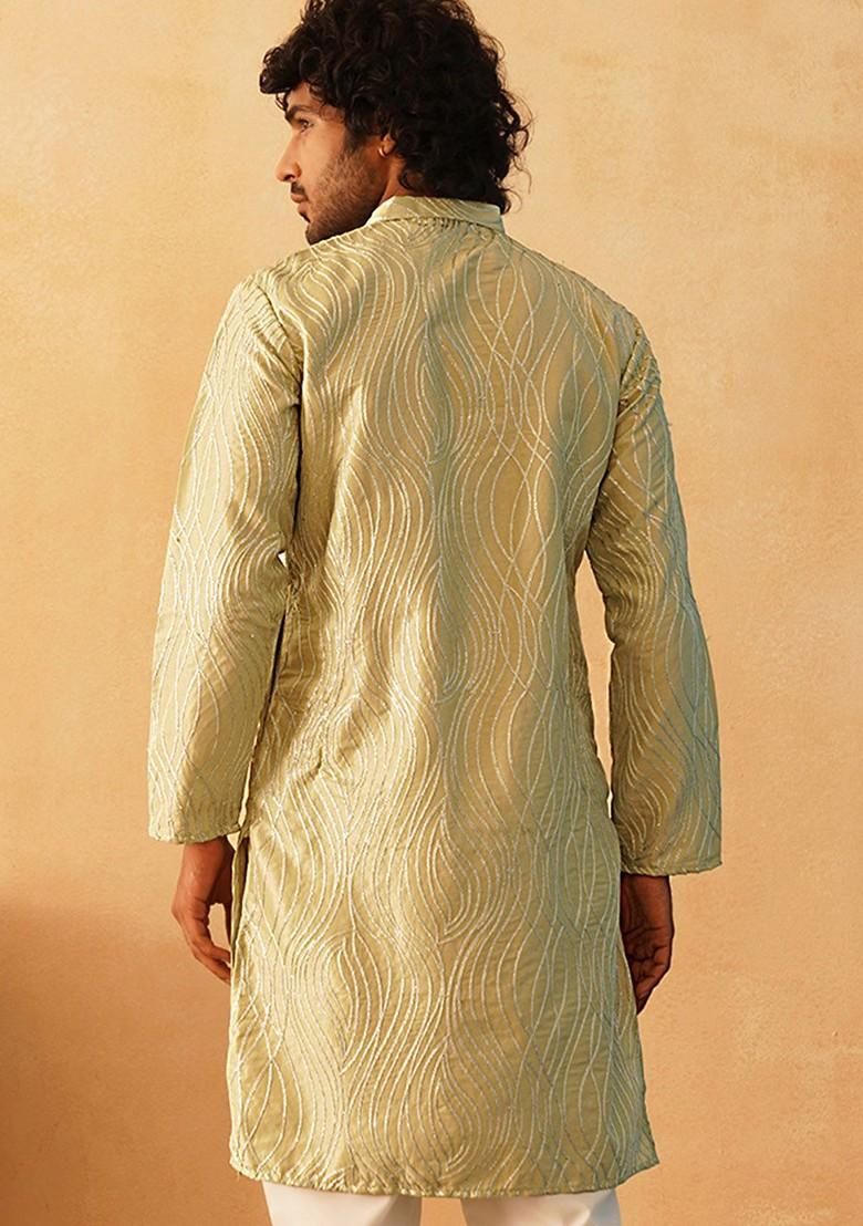 Green Embroidered Poly Blend Kurta For Men