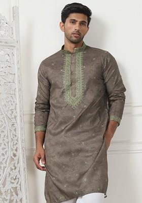 Brown Embroidered Poly Blend Kurta For Men