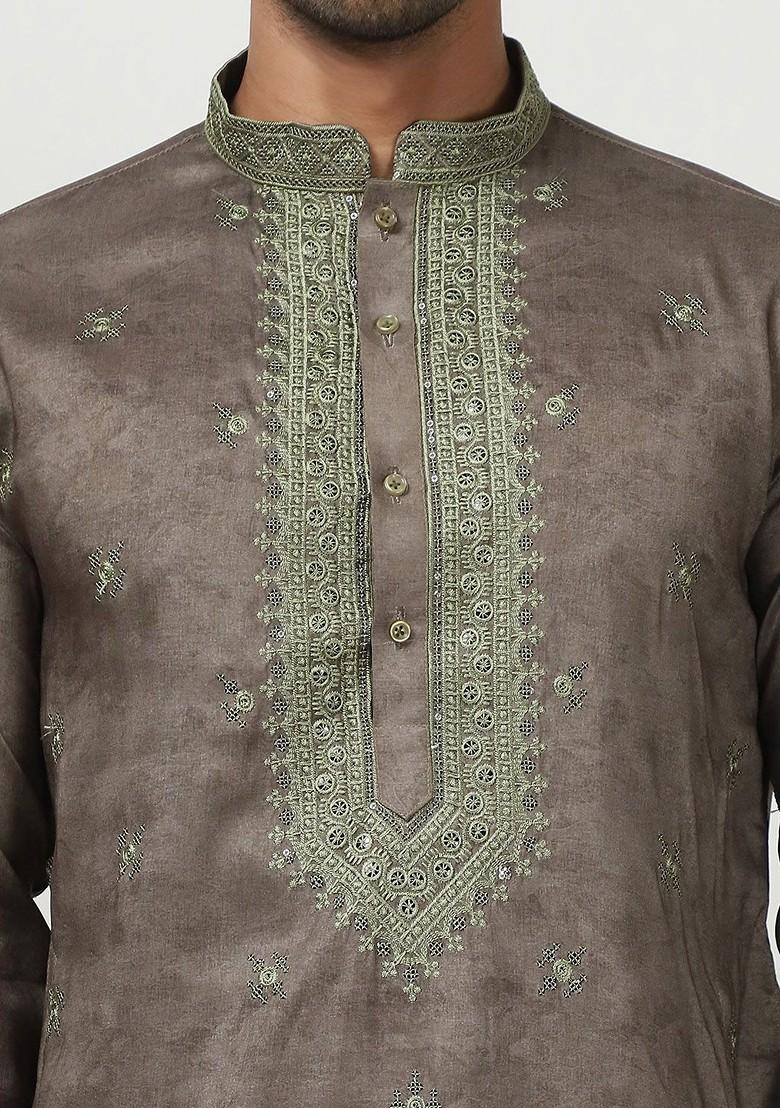 Brown Embroidered Poly Blend Kurta For Men