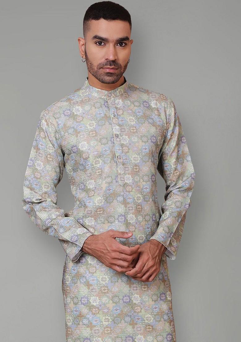 Green Floral Print Poly Blend Kurta For Men