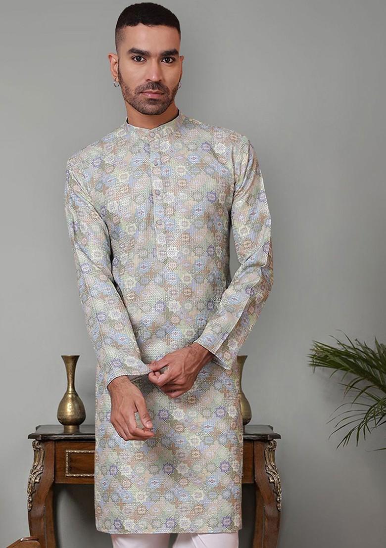 Green Floral Print Poly Blend Kurta For Men