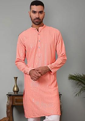 Peach Embroidered Poly Blend Kurta For Men