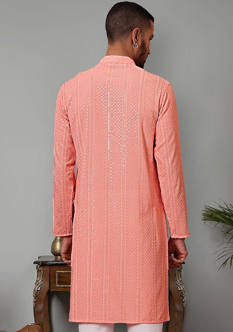 Peach Embroidered Poly Blend Kurta For Men