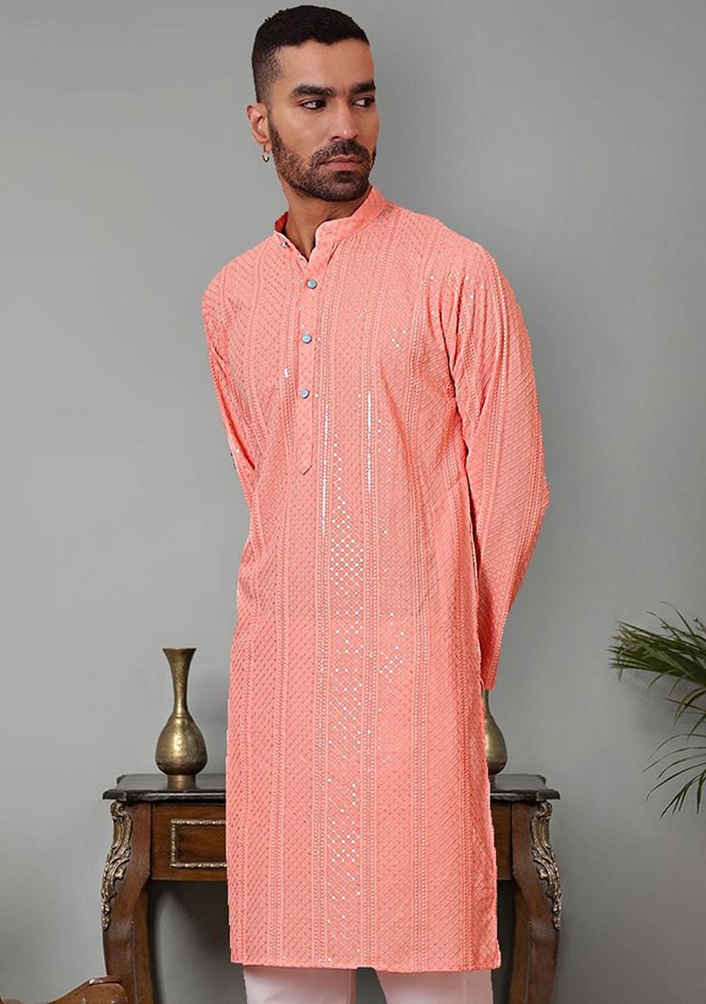 Peach Embroidered Poly Blend Kurta For Men