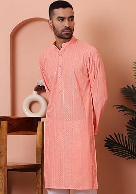 Peach Embroidered Poly Blend Kurta For Men