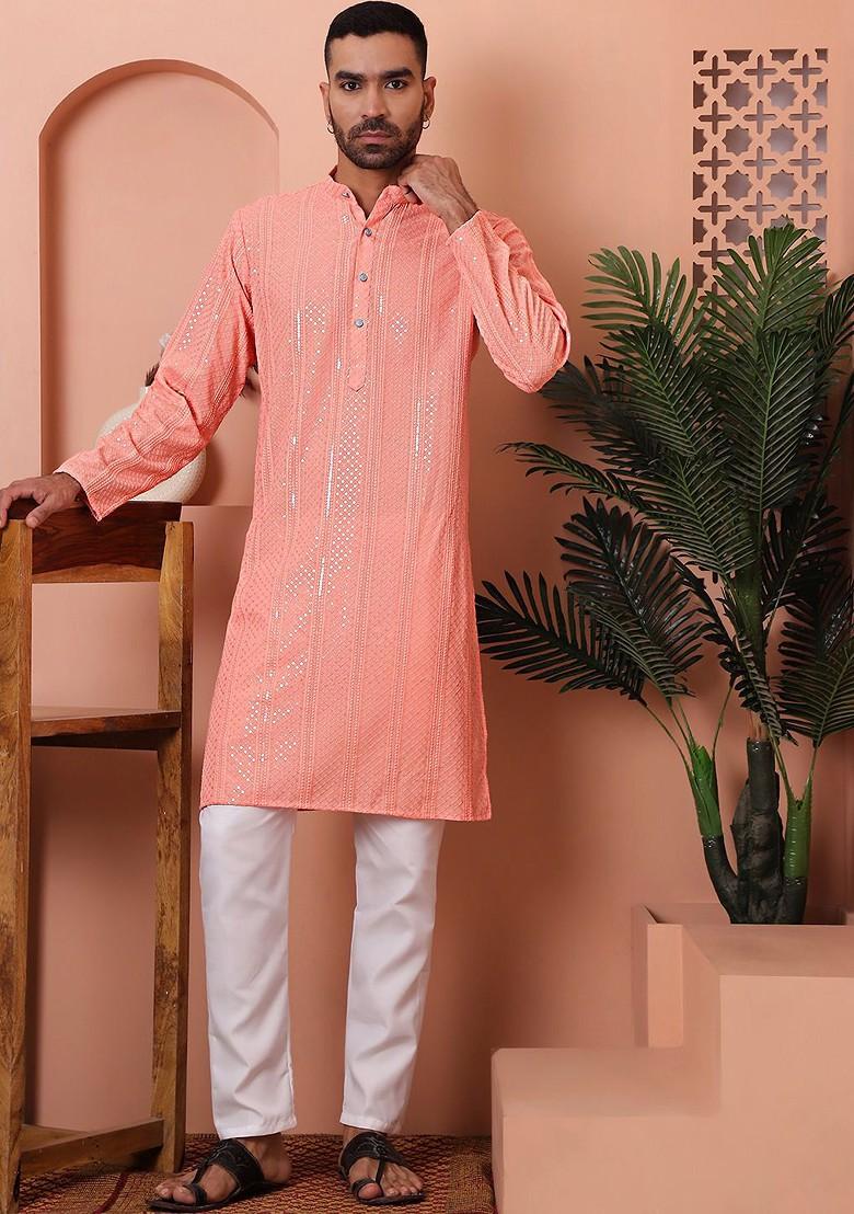 Peach Embroidered Poly Blend Kurta For Men