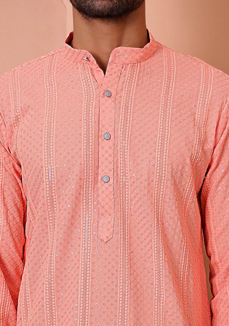 Peach Embroidered Poly Blend Kurta For Men
