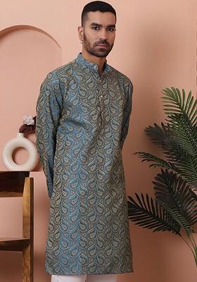 Blue Printed Poly Blend Kurta For Men