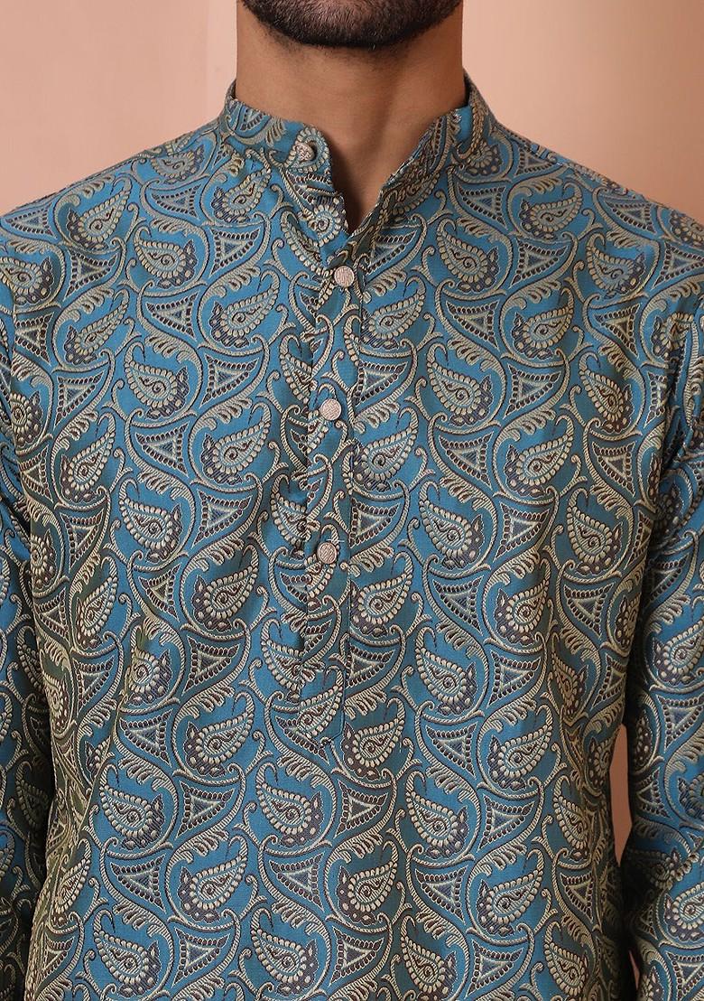 Blue Printed Poly Blend Kurta For Men