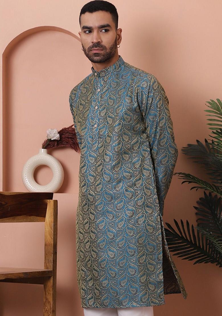 Blue Printed Poly Blend Kurta For Men