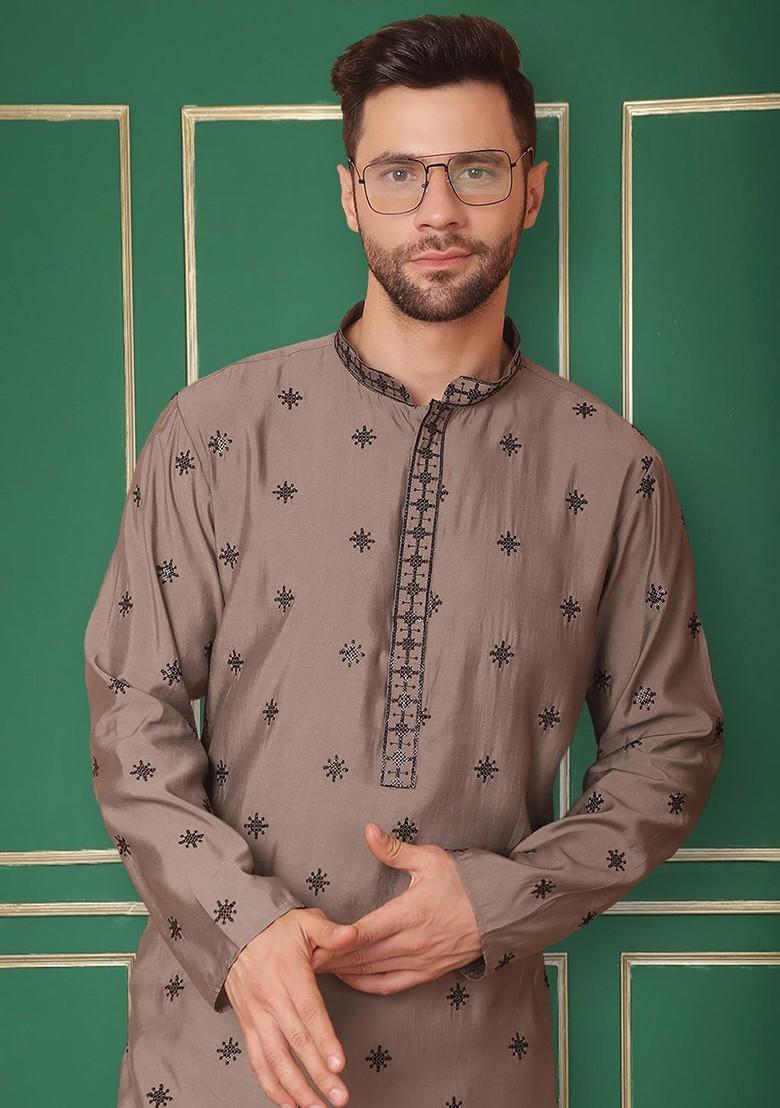 Grey Embroidered Poly Blend Kurta For Men