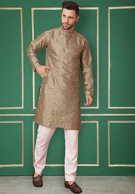 Green Woven Design Poly Blend Kurta For Men