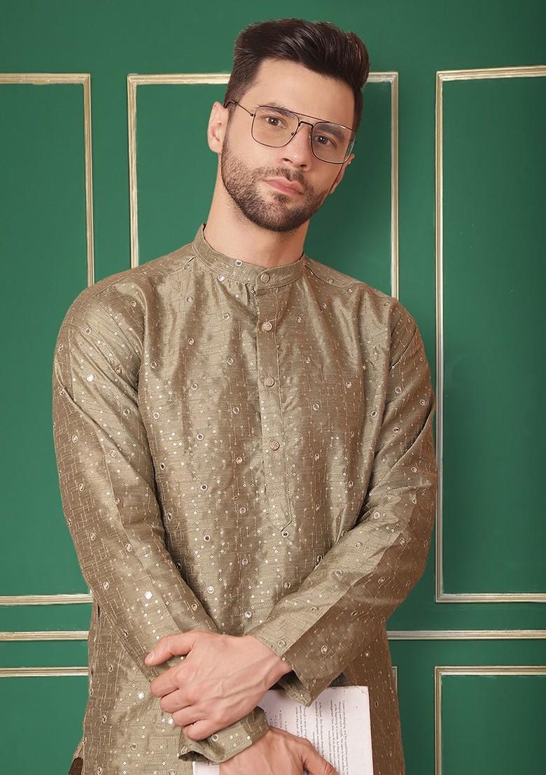 Green Woven Design Poly Blend Kurta For Men