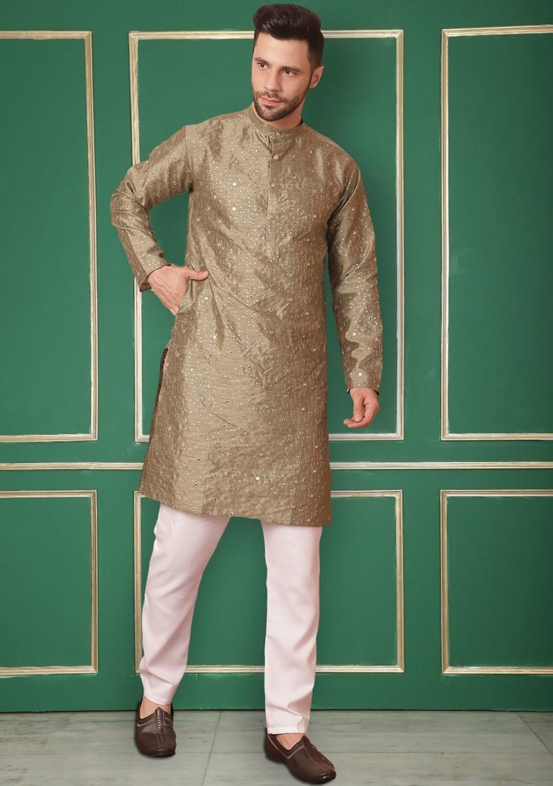 Green Woven Design Poly Blend Kurta For Men