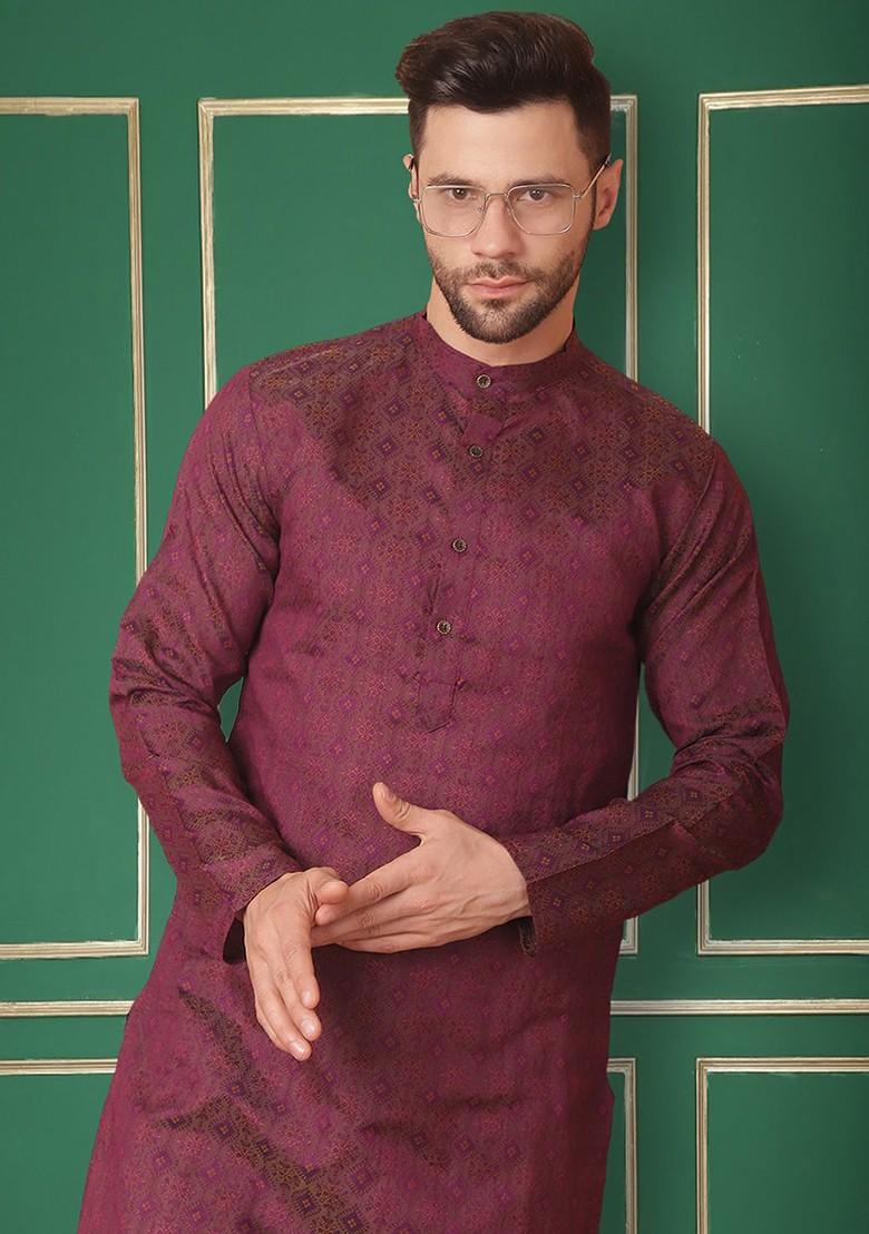 Purple Woven Design Poly Blend Kurta For Men