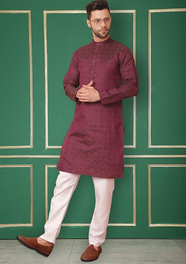 Purple Woven Design Poly Blend Kurta For Men