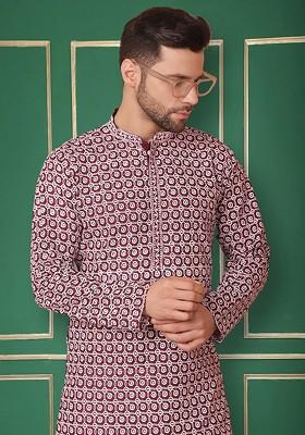 Purple Embroidered Poly Blend Kurta For Men