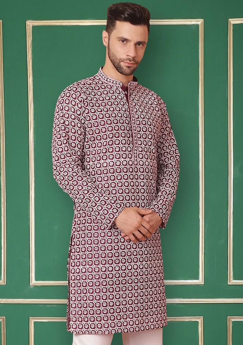 Purple Embroidered Poly Blend Kurta For Men