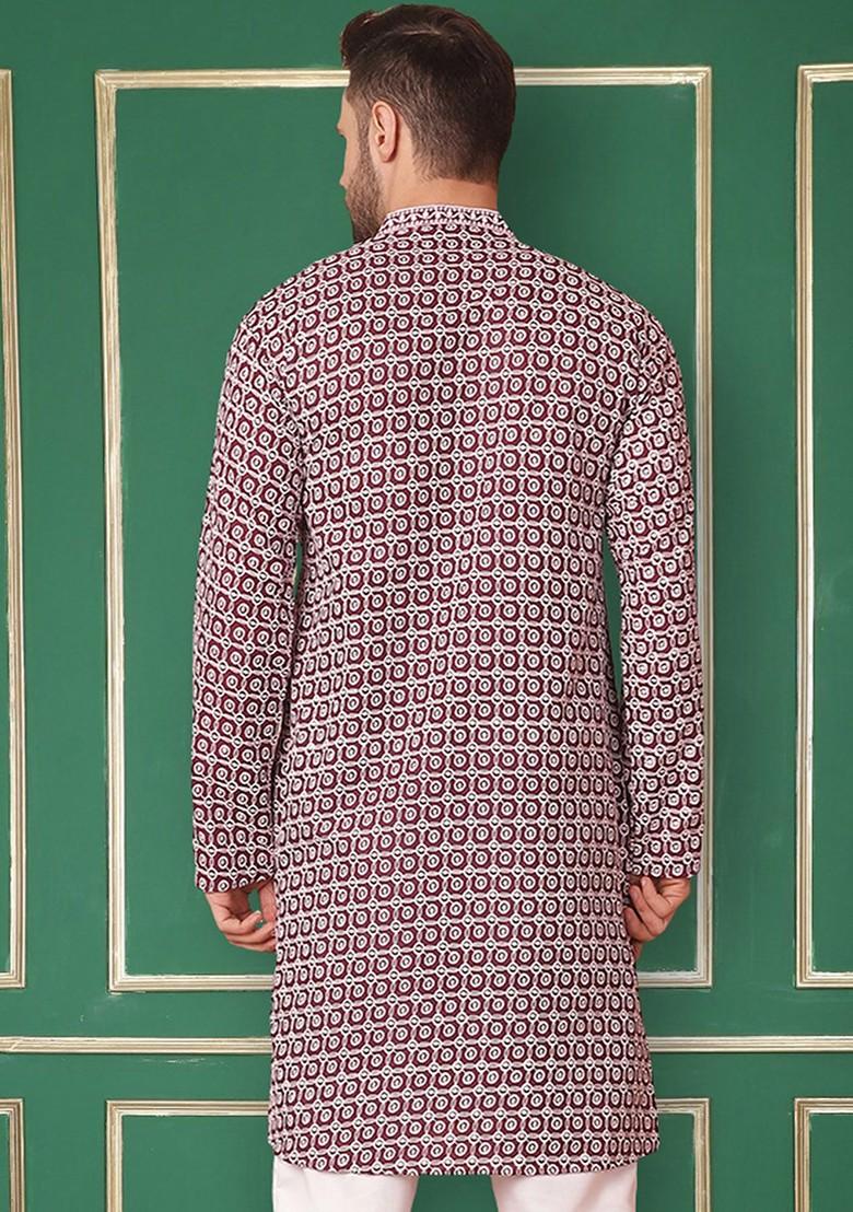Purple Embroidered Poly Blend Kurta For Men