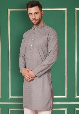 Grey Embroidered Poly Blend Kurta For Men
