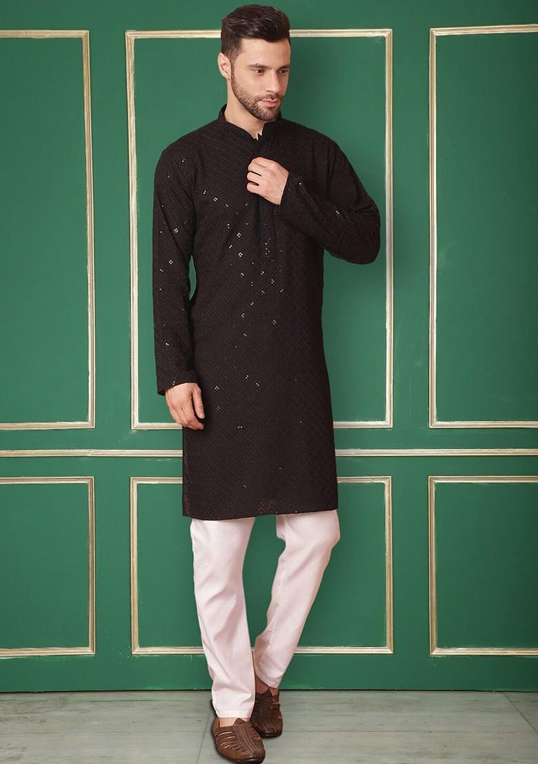 Black Woven Design Poly Blend Kurta For Men