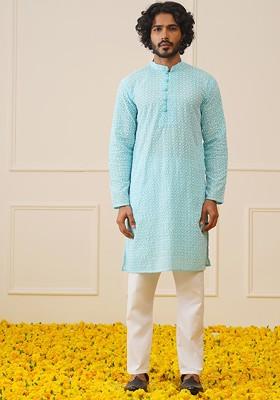 Turquoise Blue Ethnic Motif Poly Blend Kurta For Men