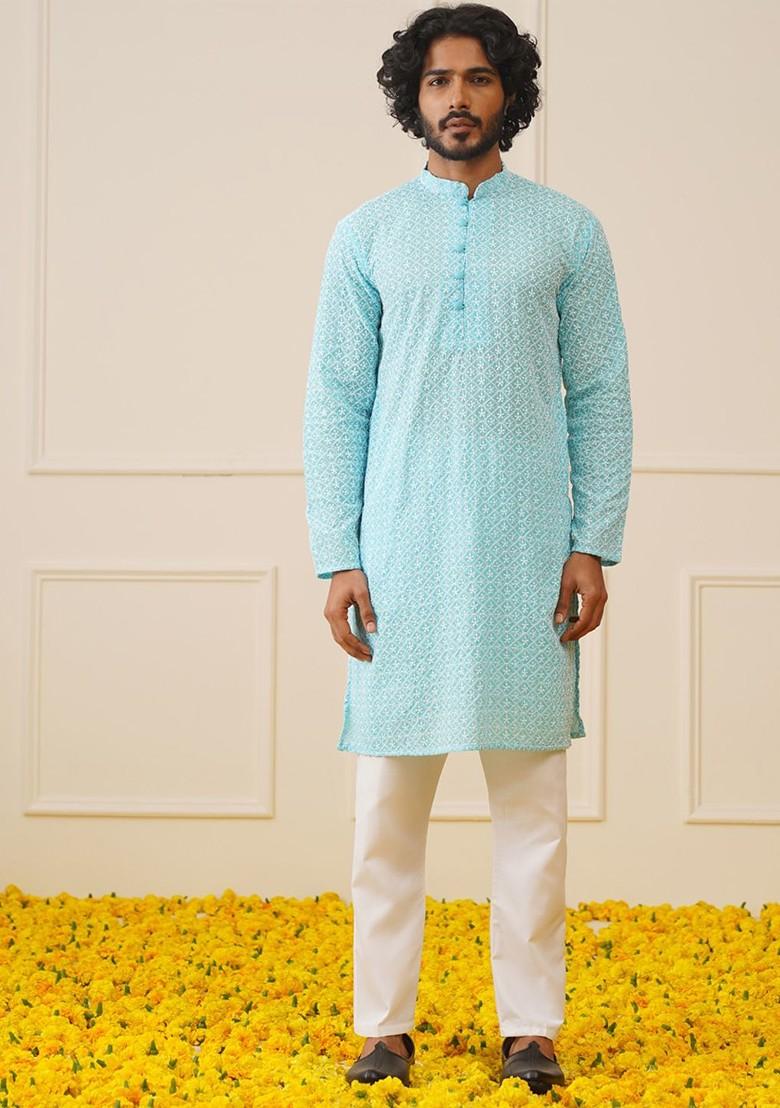 Turquoise Blue Ethnic Motif Poly Blend Kurta For Men