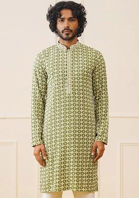 Green Embroidered Poly Blend Kurta For Men