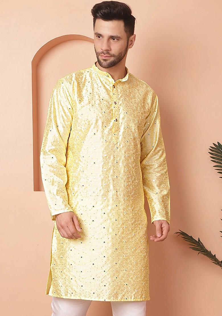 Yellow Embroidered Poly Blend Kurta For Men