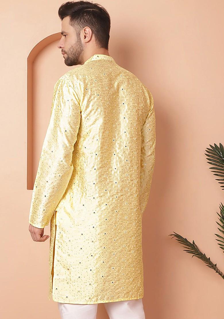 Yellow Embroidered Poly Blend Kurta For Men