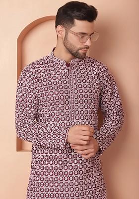 Purple Embroidered Poly Blend Kurta For Men