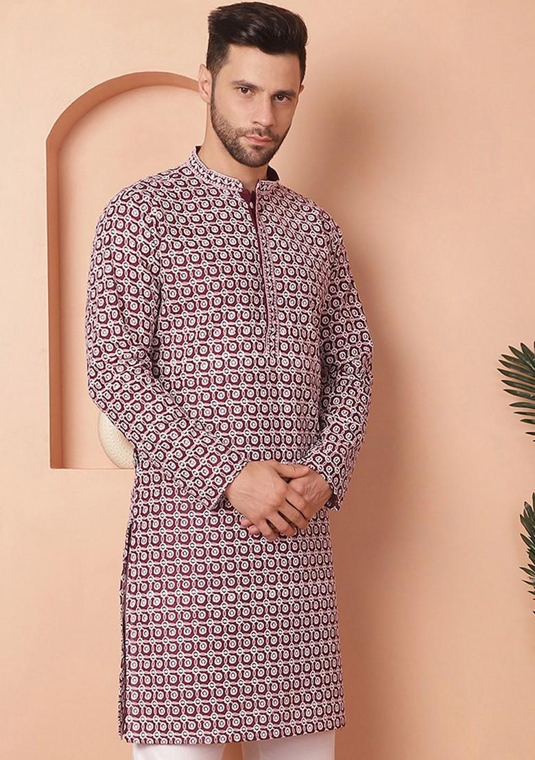Purple Embroidered Poly Blend Kurta For Men