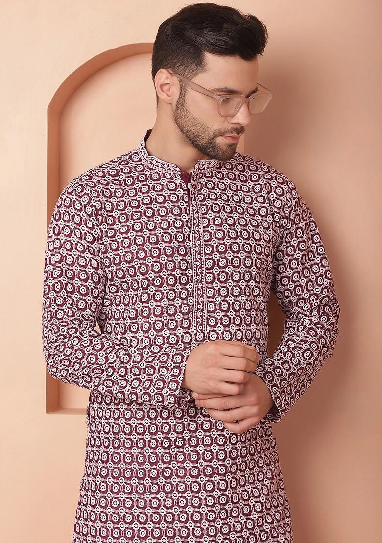 Purple Embroidered Poly Blend Kurta For Men