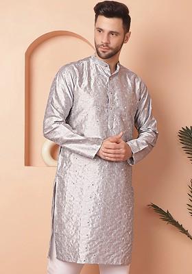 Grey Embroidered Poly Blend Kurta For Men